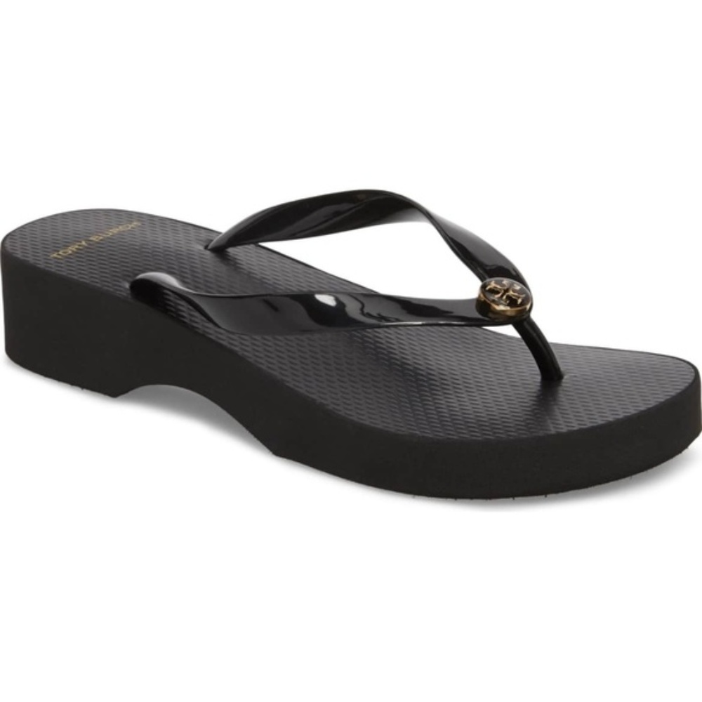 Tory Burch Logo "Wedge" Flip Flops-Size 8-Black